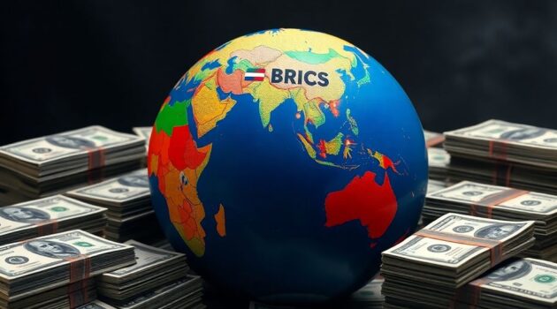 Globe with BRICS countries and US dollars around it.