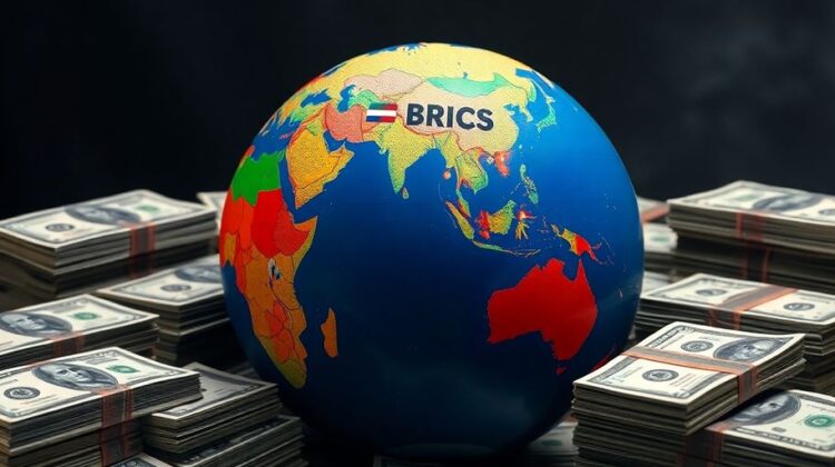 Globe with BRICS countries and US dollars around it.