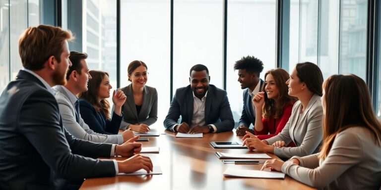 Diverse professionals collaborating in a modern office setting.