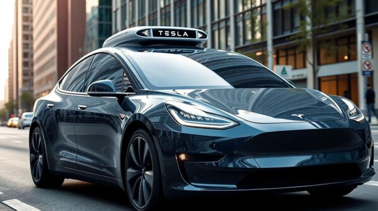 Tesla robotaxi on city street with teleoperator nearby.