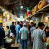 A bustling marketplace with diverse vendors and customers.