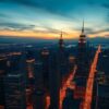 Aerial view of a city skyline at dusk.